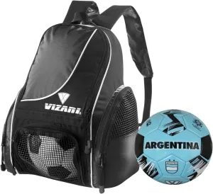 Vizari Solano Multi-Sport Backpack (Black) with National Team Soccer Ball Combo | Versatile Sports Backpack with Durable Faux Leather & Rubber Country Ball (Argentina, Size 3)