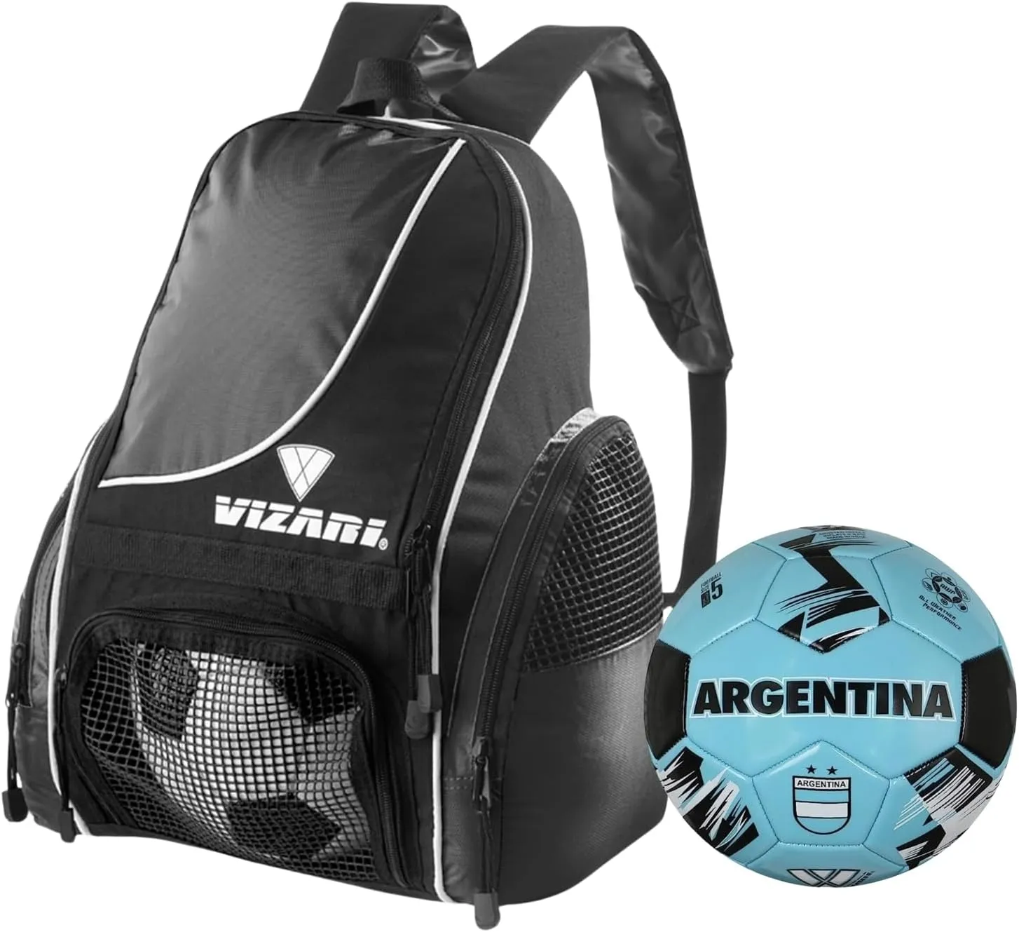 Vizari Solano Multi-Sport Backpack (Black) with National Team Soccer Ball Combo | Versatile Sports Backpack with Durable Faux Leather & Rubber Country Ball (Argentina, Size 3)