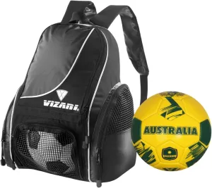Vizari Solano Multi-Sport Backpack (Black) with National Team Soccer Ball Combo | Versatile Sports Backpack with Durable Faux Leather & Rubber Country Ball (Australia, Size 5)