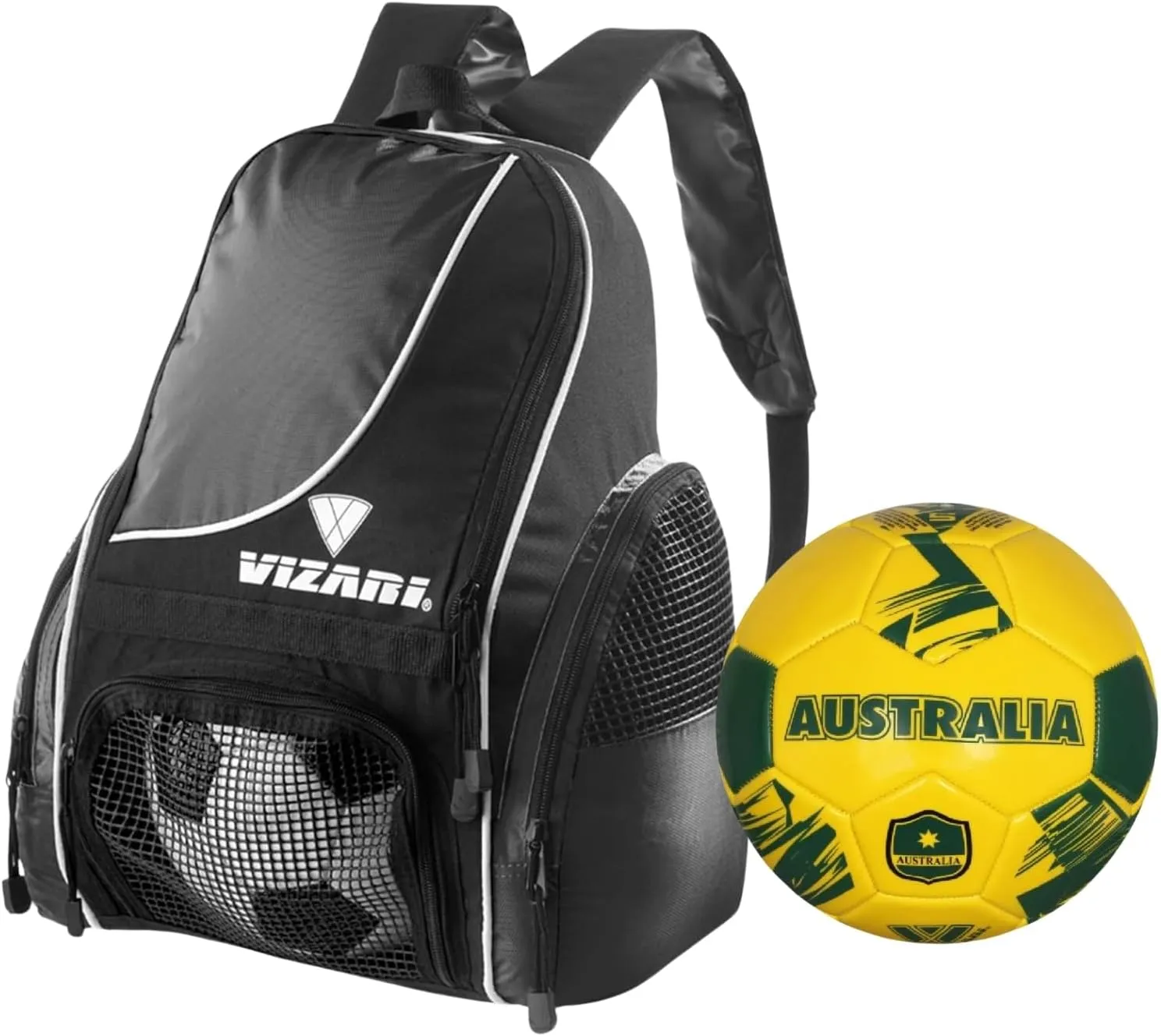 Vizari Solano Multi-Sport Backpack (Black) with National Team Soccer Ball Combo | Versatile Sports Backpack with Durable Faux Leather & Rubber Country Ball (Australia, Size 5)