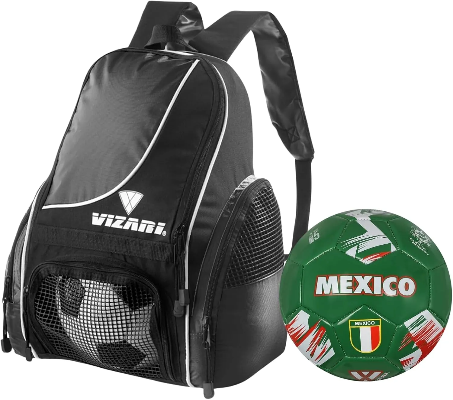 Vizari Solano Multi-Sport Backpack (Black) with National Team Soccer Ball Combo | Versatile Sports Backpack with Durable Faux Leather & Rubber Country Ball (Mexico, Size 3)