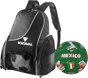Vizari Solano Multi-Sport Backpack (Black) with National Team Soccer Ball Combo | Versatile Sports Backpack with Durable Faux Leather & Rubber Country Ball (Mexico, Size 3)