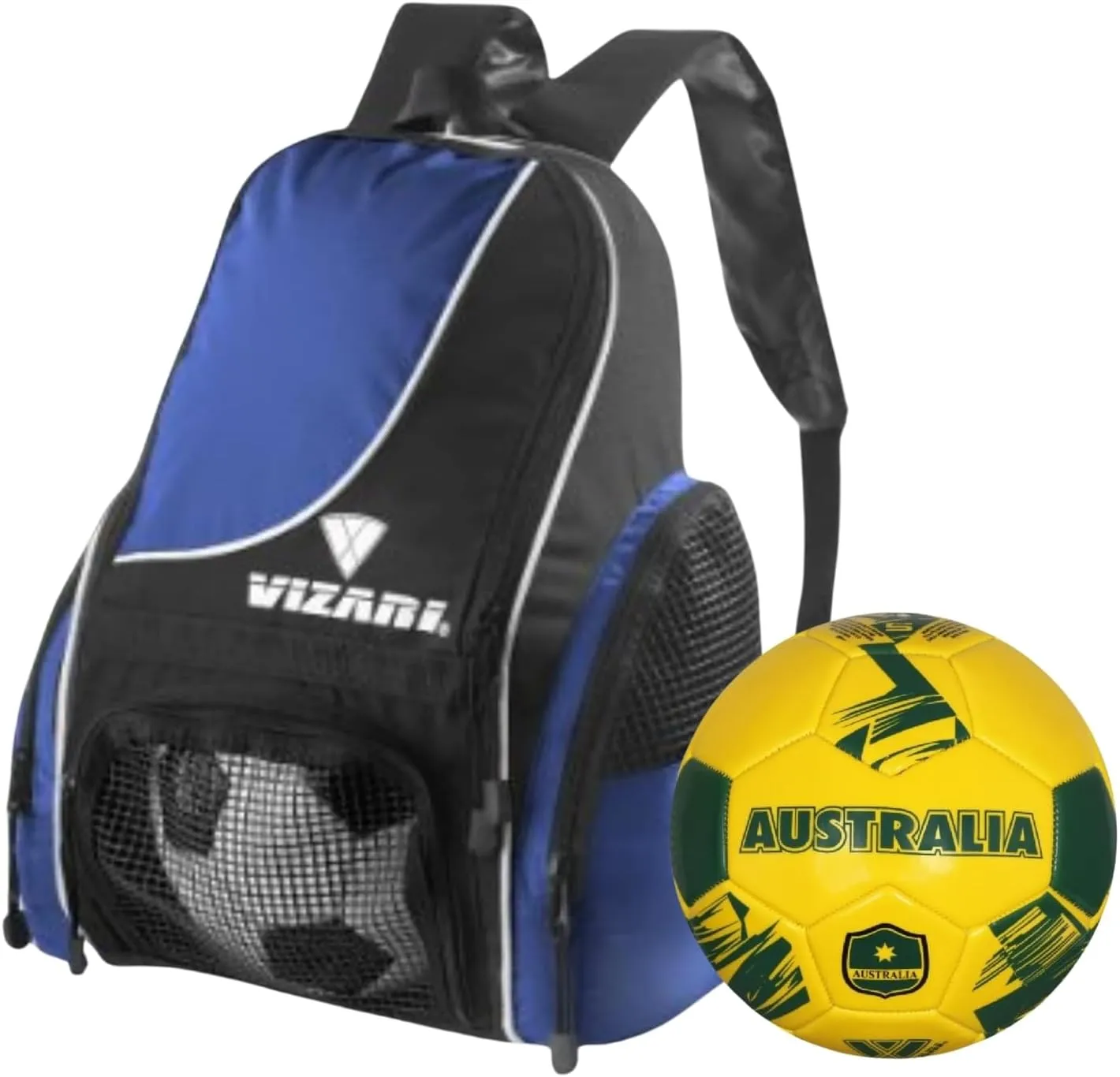 Vizari Solano Multi-Sport Backpack (Royal) with National Team Soccer Ball Combo | Versatile Sports Backpack with Durable Faux Leather & Rubber Country Ball (Australia, Size 3)