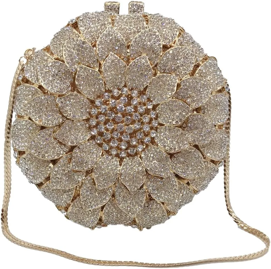 Women Elegant Flower Rhinestones Evening Bag Sunflower Clutch Purse Fashion Handbag for Cocktail Dance Party