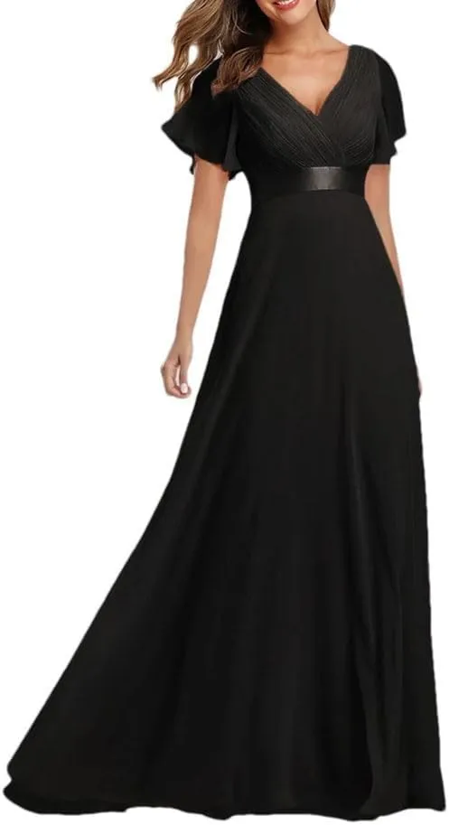 Women Elegant V-Neck Ruffles Chiffon Dresses Summer Formal Wedding Party Evening Gown Dress