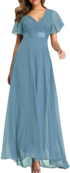 Women Elegant V-Neck Ruffles Chiffon Dresses Summer Formal Wedding Party Evening Gown Dress