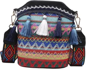 Women Embroidery Shoulder Bag Hippie Crossbody Bags Lightweight Multifunctional Purse Chic Bucket Bag for Weekend Dating Travel Shopping, Black