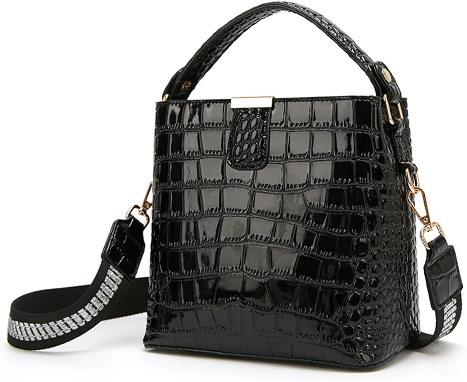 Women Patent Leather Handbag Stylish Crocodile Print Satchel Bucket Bag Ladies Party Evening Crossbody Shoulder Bags