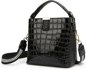 Women Patent Leather Handbag Stylish Crocodile Print Satchel Bucket Bag Ladies Party Evening Crossbody Shoulder Bags