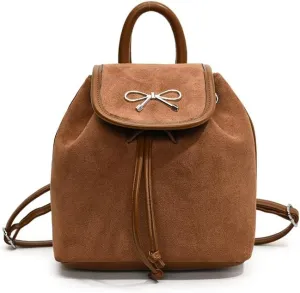 Women Stylish Suede Bow Backpacks Vintage Shoulder Bag Satchel Purse Casual Bucket Bag Top-Handle Bags with Drawstring