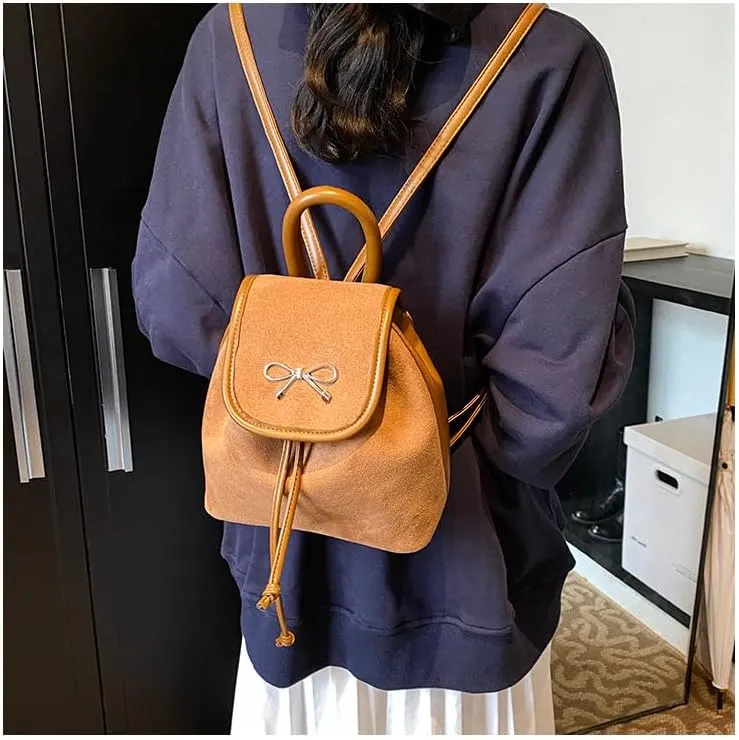Women Stylish Suede Bow Backpacks Vintage Shoulder Bag Satchel Purse Casual Bucket Bag Top-Handle Bags with Drawstring