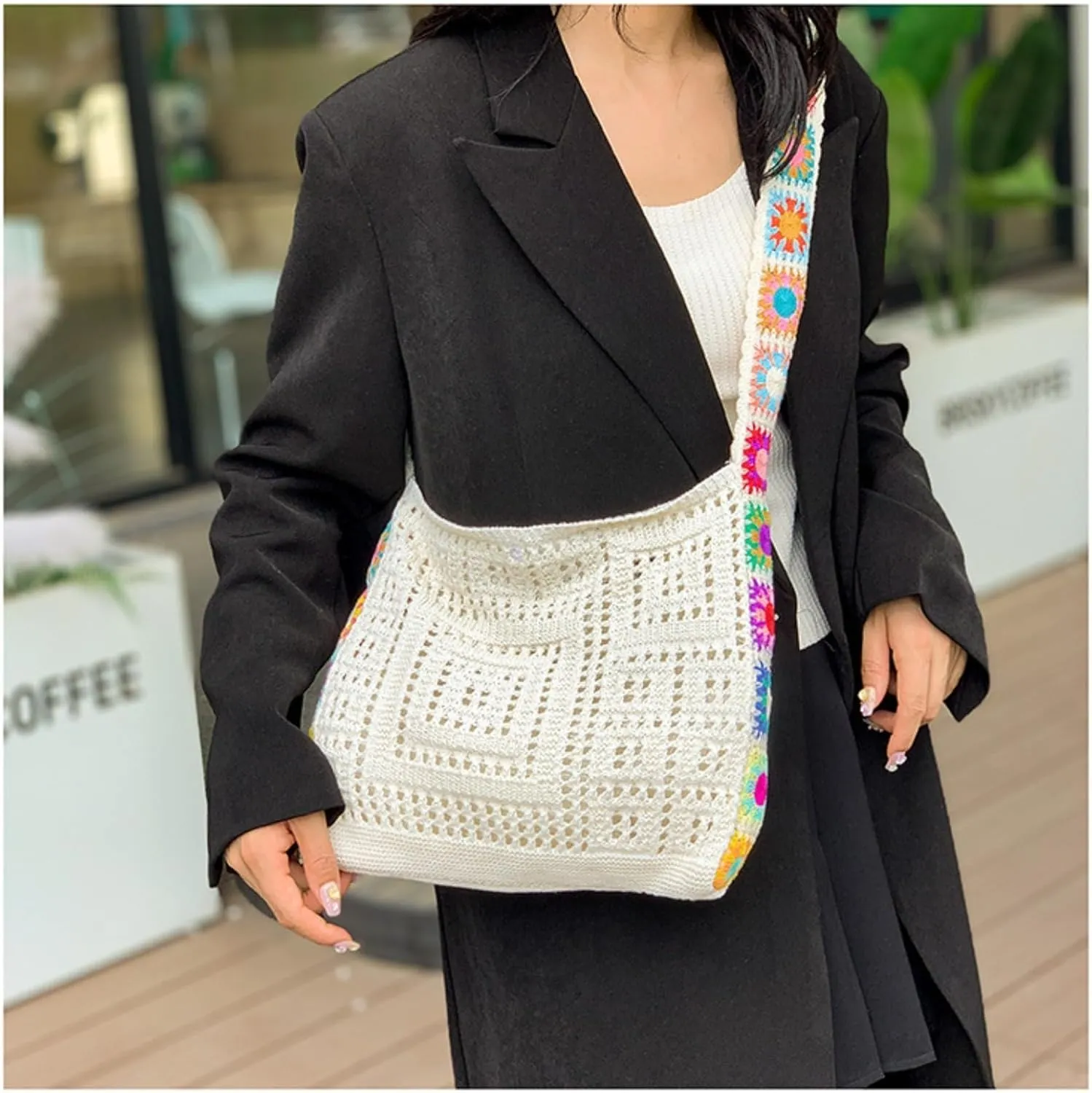 Women's Boho Embroidery Crossbody Bag Hollow Out Crochet Knit Shoulder Bag Knited Bag Handbag Summer Beach Tote