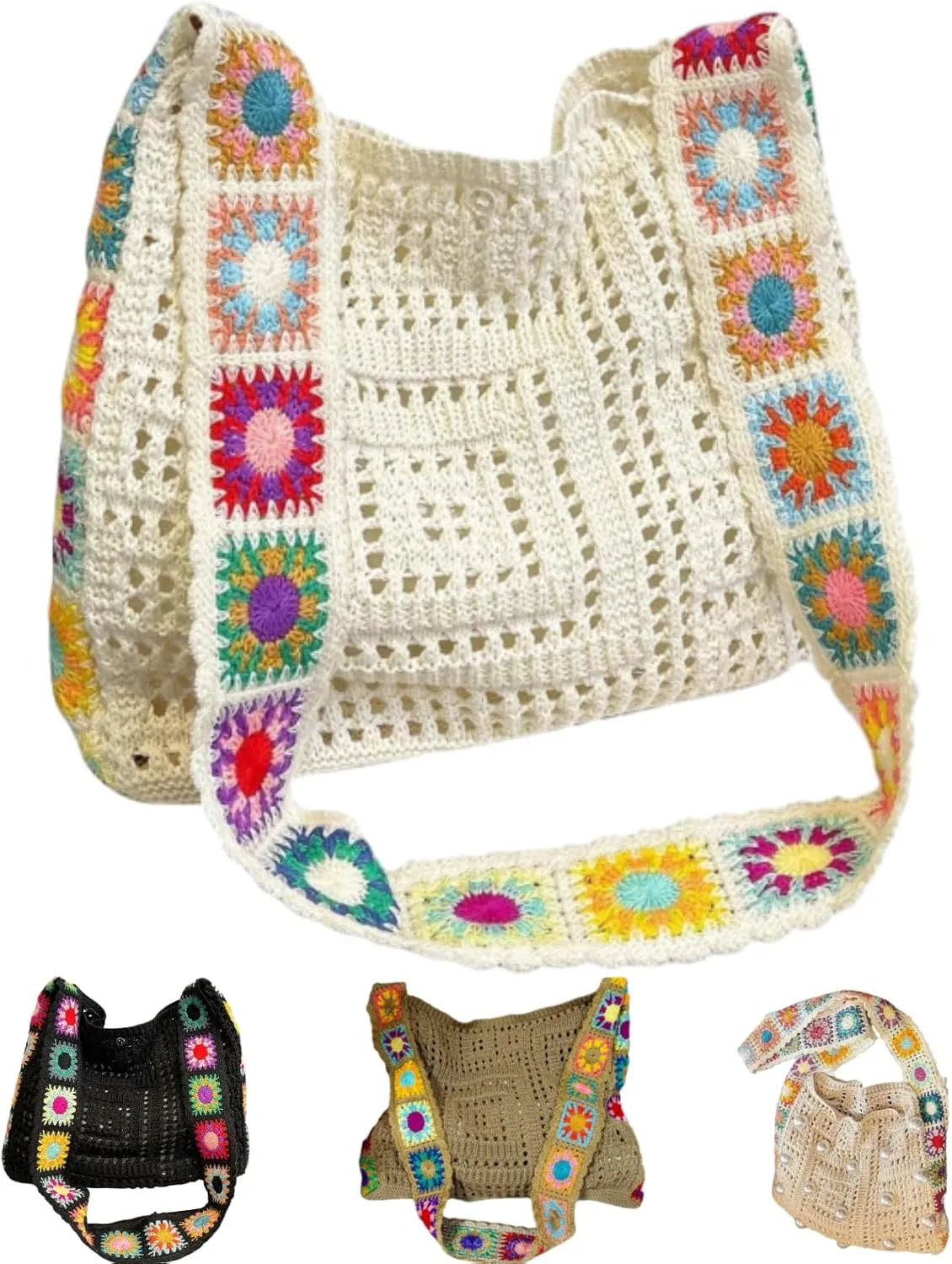 Women's Boho Embroidery Crossbody Bag Hollow Out Crochet Knit Shoulder Bag Knited Bag Handbag Summer Beach Tote