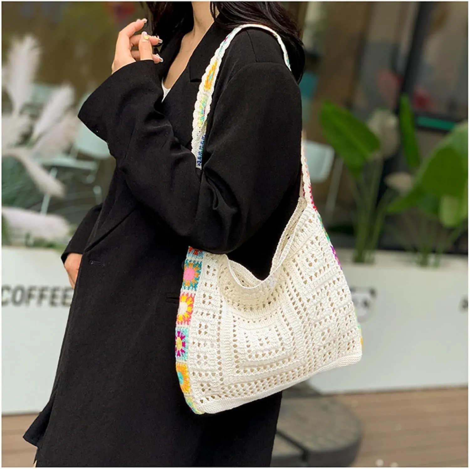 Women's Boho Embroidery Crossbody Bag Hollow Out Crochet Knit Shoulder Bag Knited Bag Handbag Summer Beach Tote