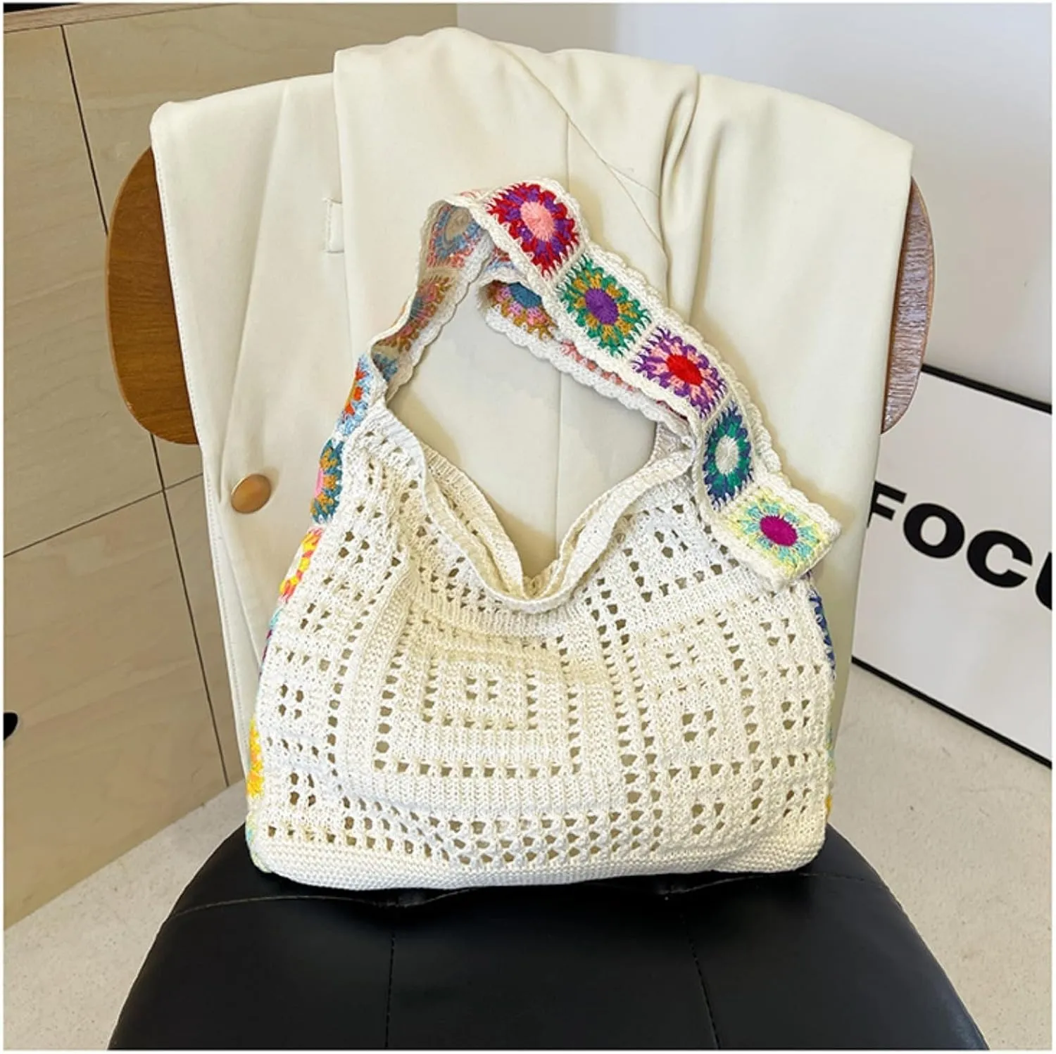 Women's Boho Embroidery Crossbody Bag Hollow Out Crochet Knit Shoulder Bag Knited Bag Handbag Summer Beach Tote