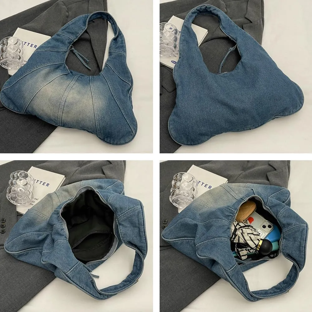 Womens Denim Canvas Shoulder Bags Trendy Hobo Tote Bag Slouchy Top Handle Handbag Purse