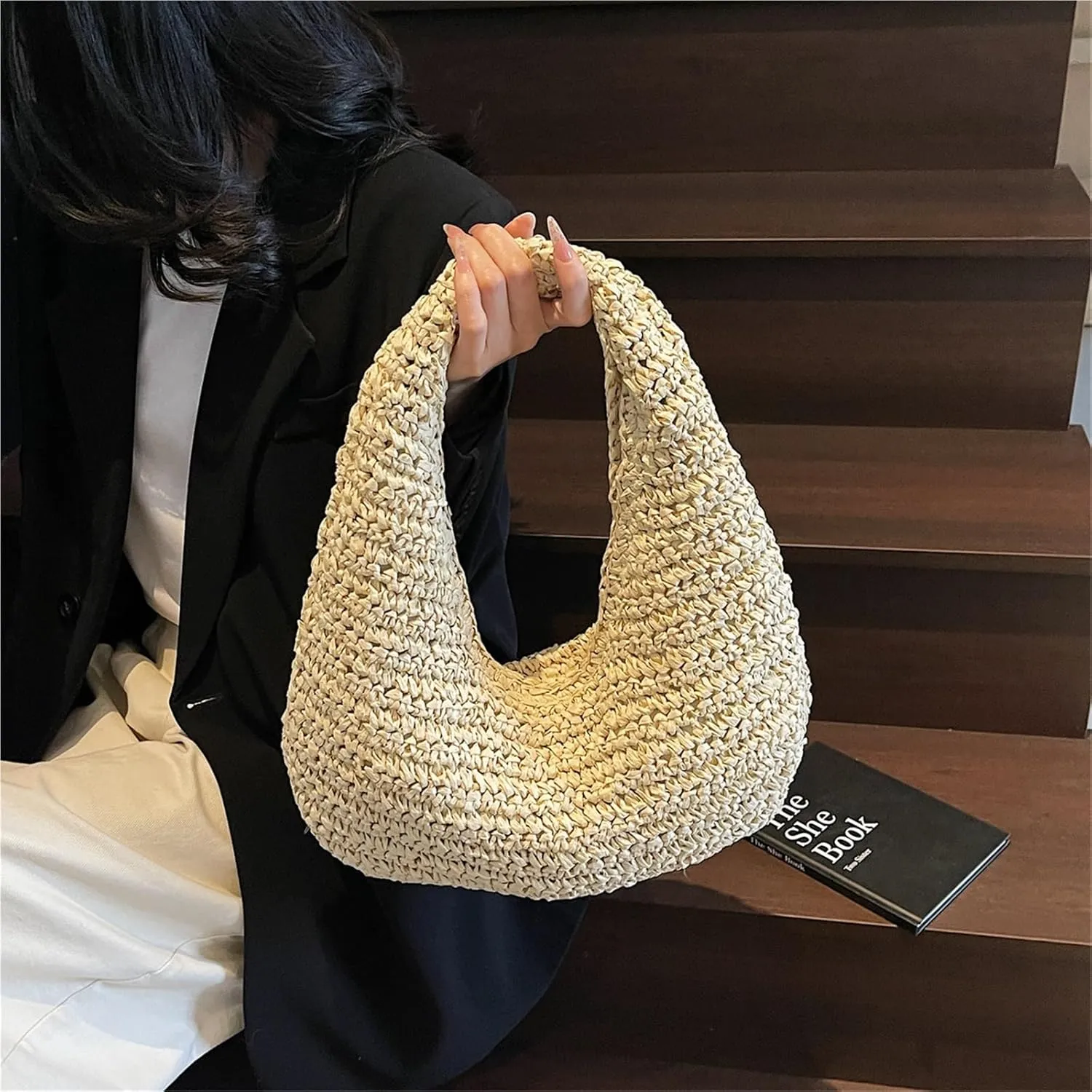 Women's Fashionable Versatile Retro Straw Handbag Solid Color Seaside Travel Shopping Commuter Bag