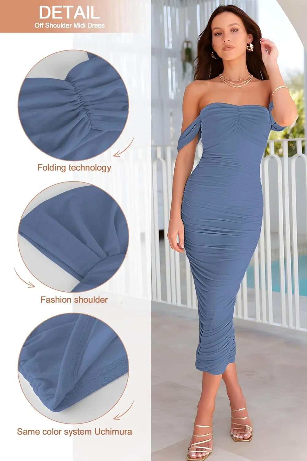 Women's Off Shoulder Ruched Bodycon Midi Dresses Short Sleeve Elegant Cocktail Party Tube Dress