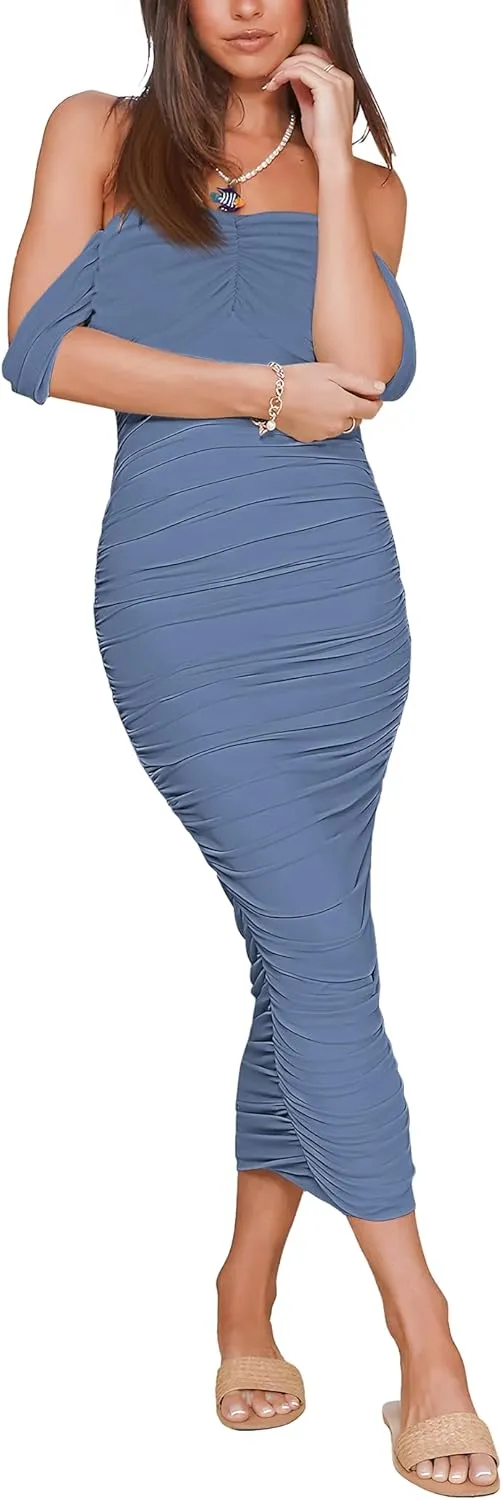 Women's Off Shoulder Ruched Bodycon Midi Dresses Short Sleeve Elegant Cocktail Party Tube Dress