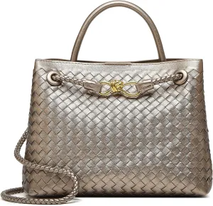 Woven Bag for Women Crossbody Handbag: Vegan Leather Small Tote Purse - Trendy Shoulder Handbags and Purses - Bowknot Satchel Purses (Light Copper and Silver)