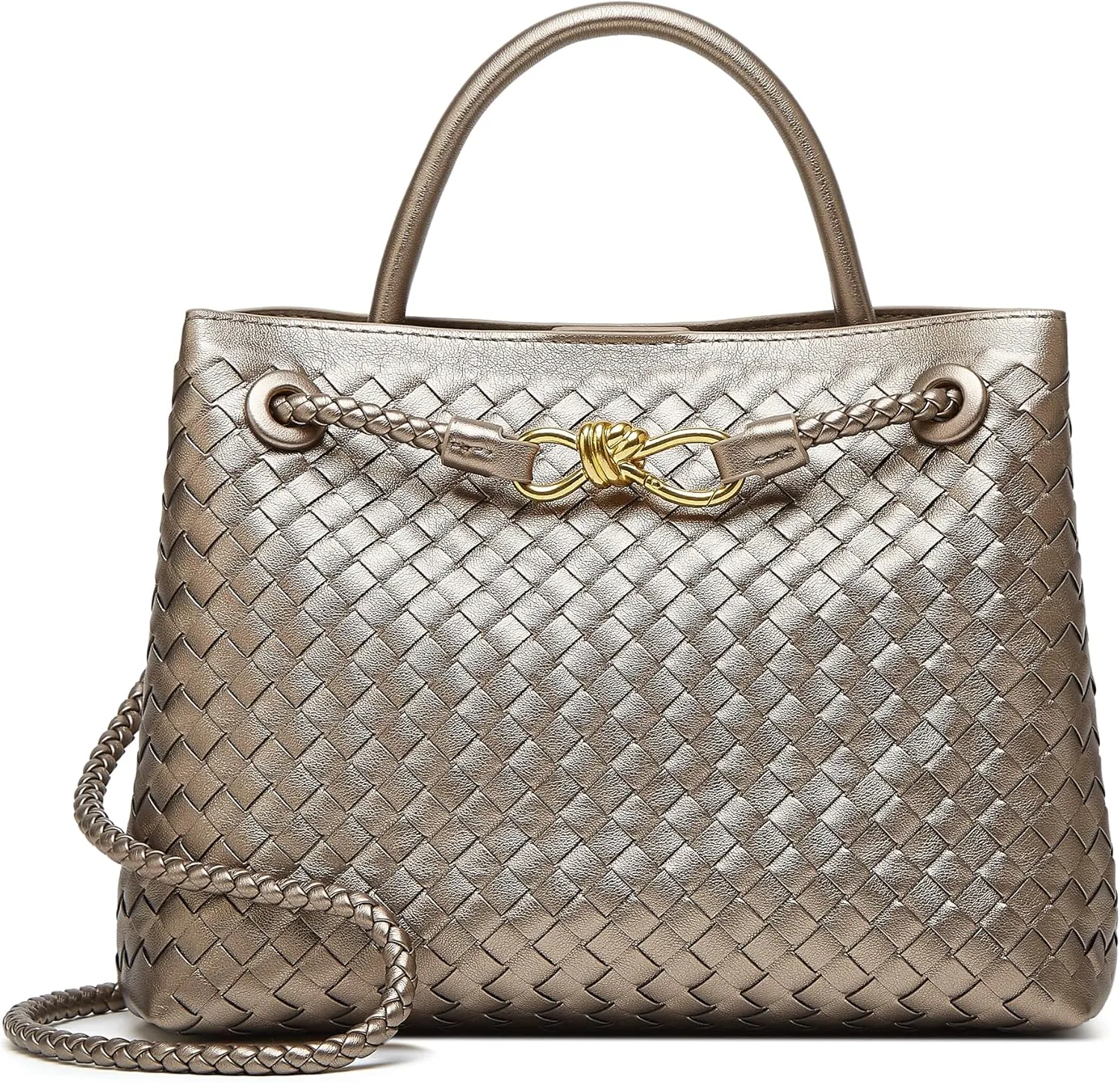 Woven Bag for Women Crossbody Handbag: Vegan Leather Small Tote Purse - Trendy Shoulder Handbags and Purses - Bowknot Satchel Purses (Light Copper and Silver)