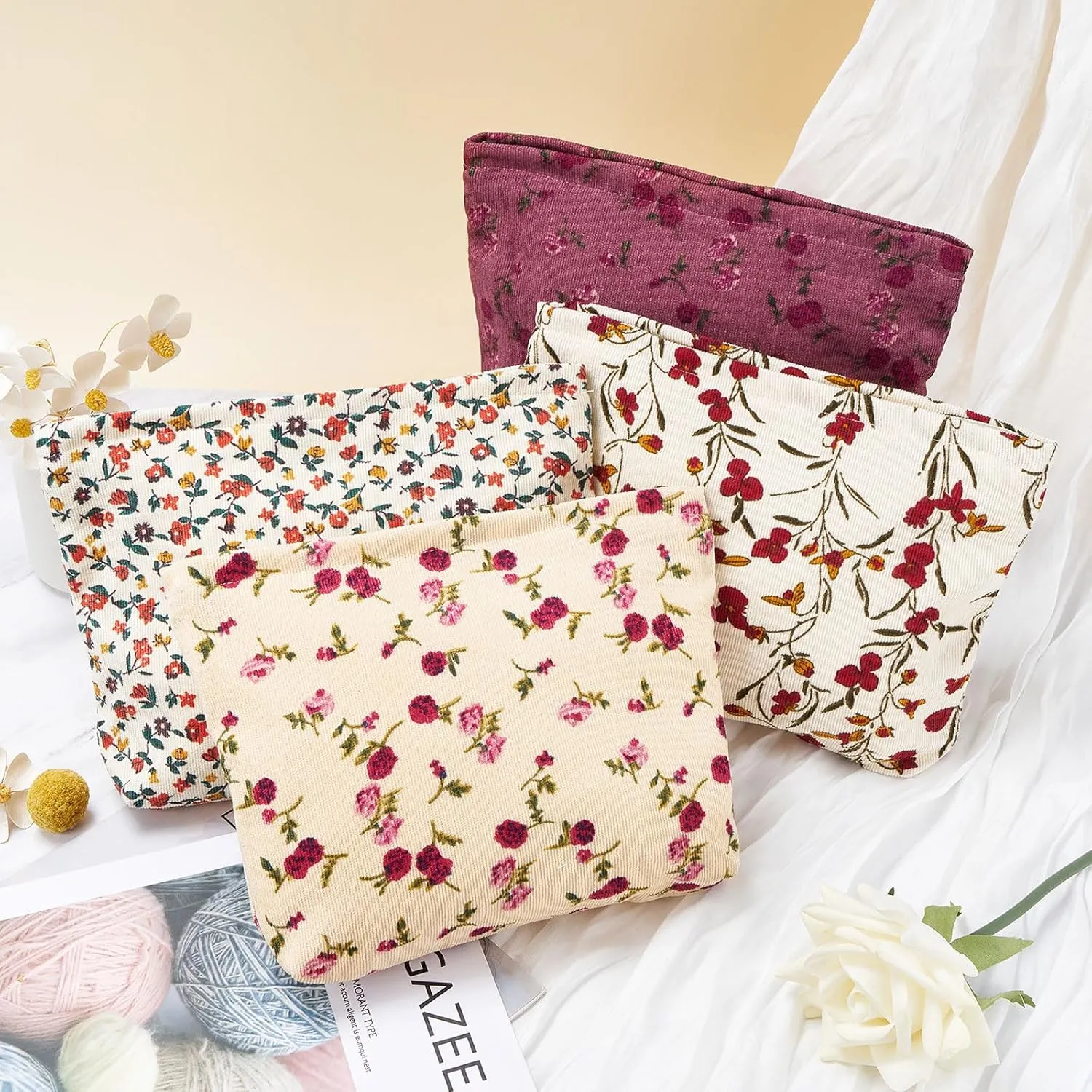 WOZEAH Floral Corduroy Makeup Bag for Purse Small Cosmetic Pouch,Stylish Zipper Make up Pouch Travel Canvas Toiletry Bags(Pink Rose)