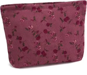 WOZEAH Floral Corduroy Makeup Bag for Purse Small Cosmetic Pouch,Stylish Zipper Make up Pouch Travel Canvas Toiletry Bags(Pink Rose)