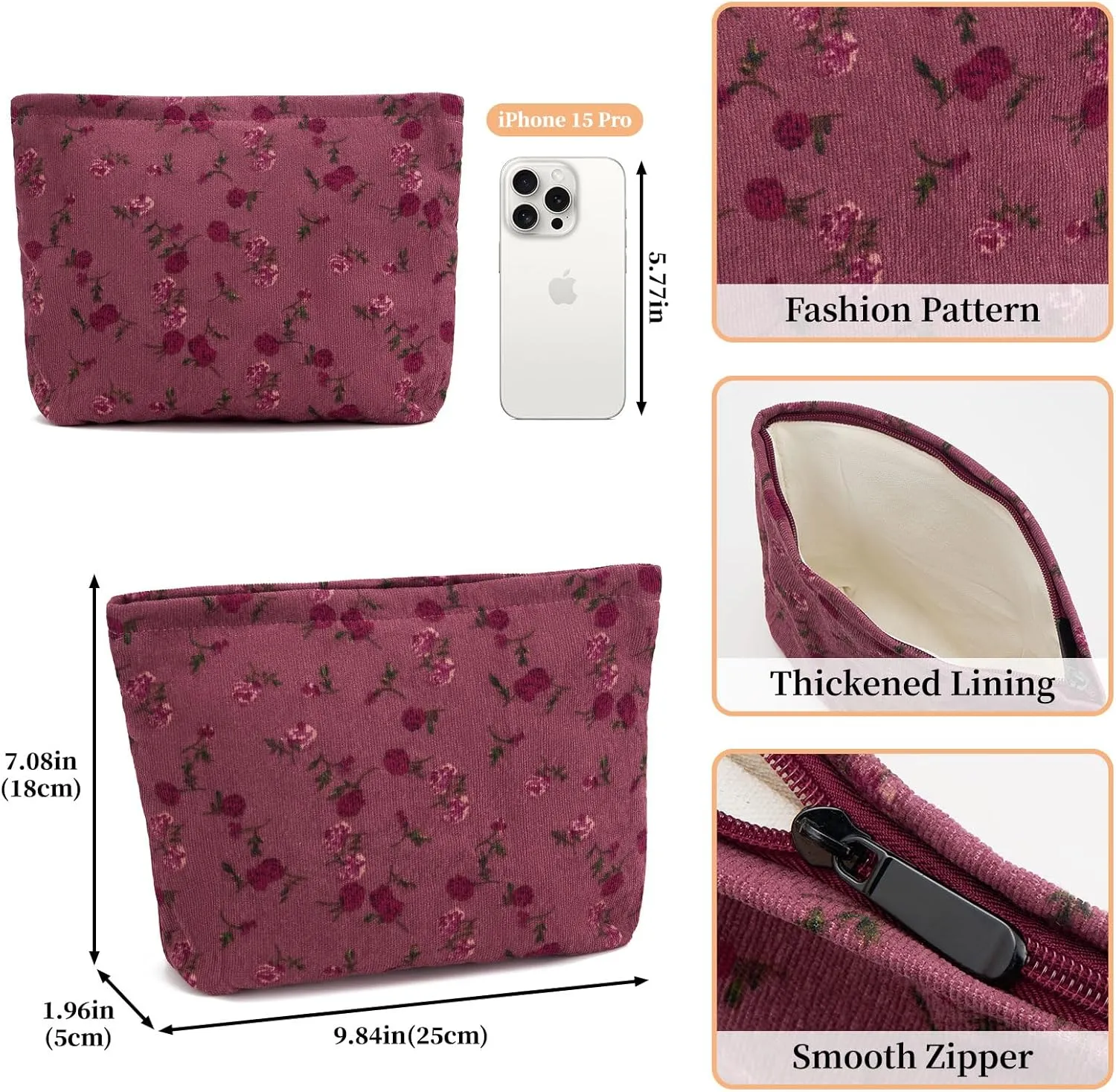 WOZEAH Floral Corduroy Makeup Bag for Purse Small Cosmetic Pouch,Stylish Zipper Make up Pouch Travel Canvas Toiletry Bags(Pink Rose)