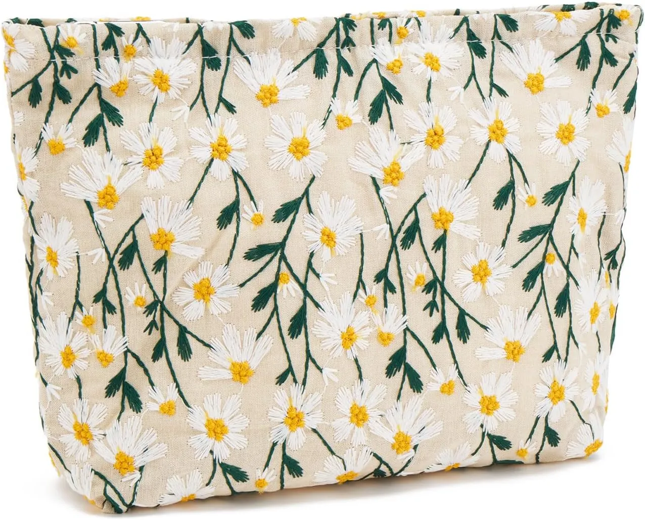 WOZEAH Floral Makeup Bag for Purse Small Cosmetic Pouch,Stylish Zipper Make up Pouch Travel Canvas Toiletry Bags(Beige Daisy)